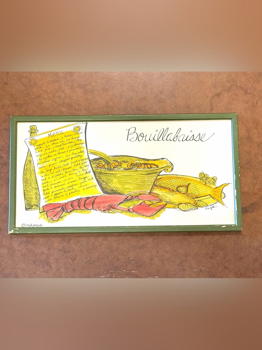 Vintage- 1968 Jacque- Bouillabaisse Seafood Kitchen Wall Art - Yellow & Green